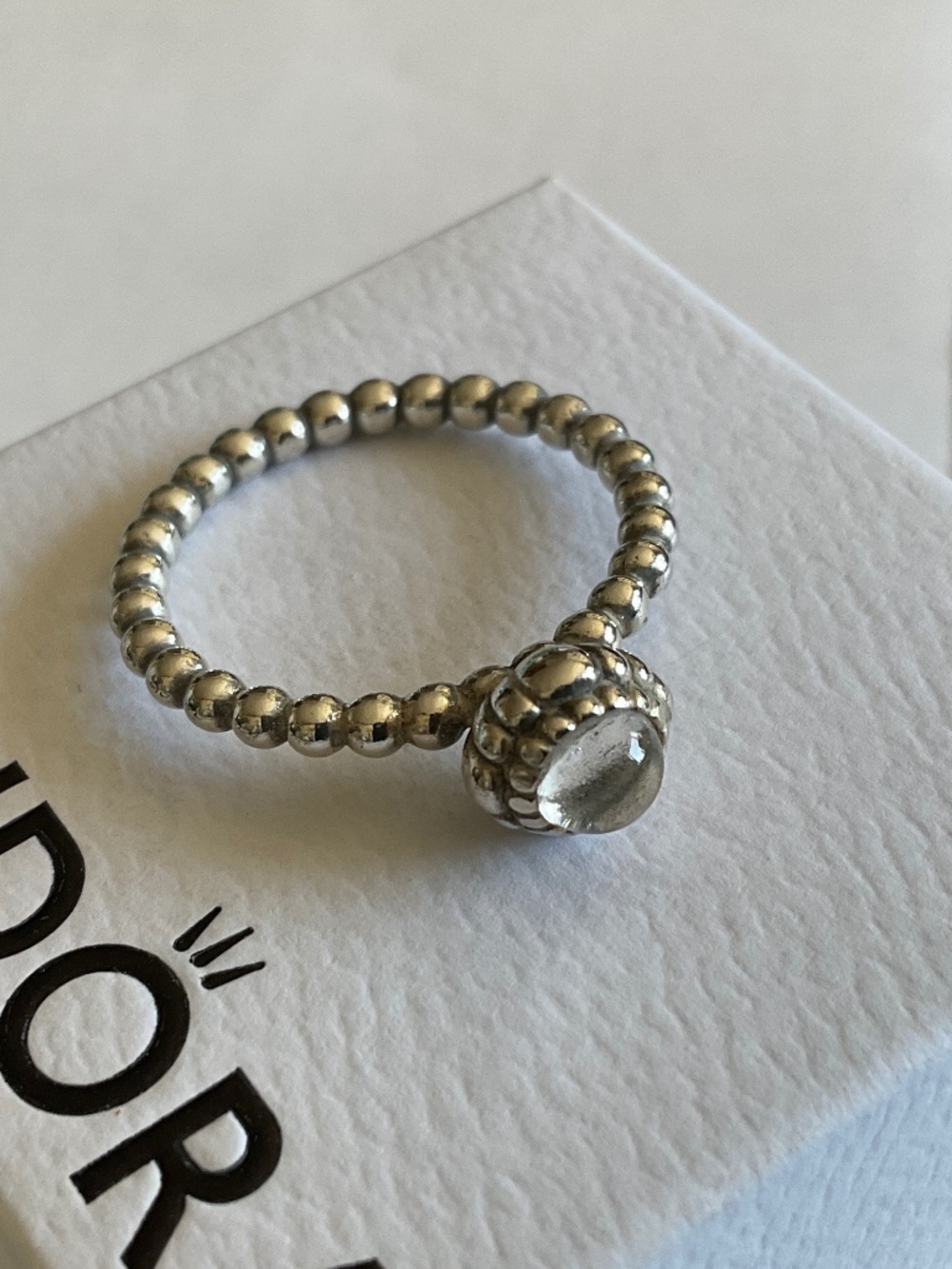 Pandora Silver Beaded Ring with Pale Yellow Stone